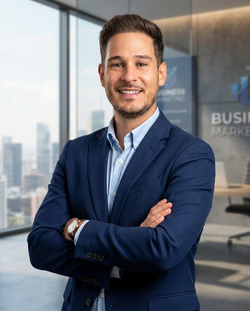 Salvatore Chiarenza, media buyer e consulente marketing, a braccia conserte in ufficio
